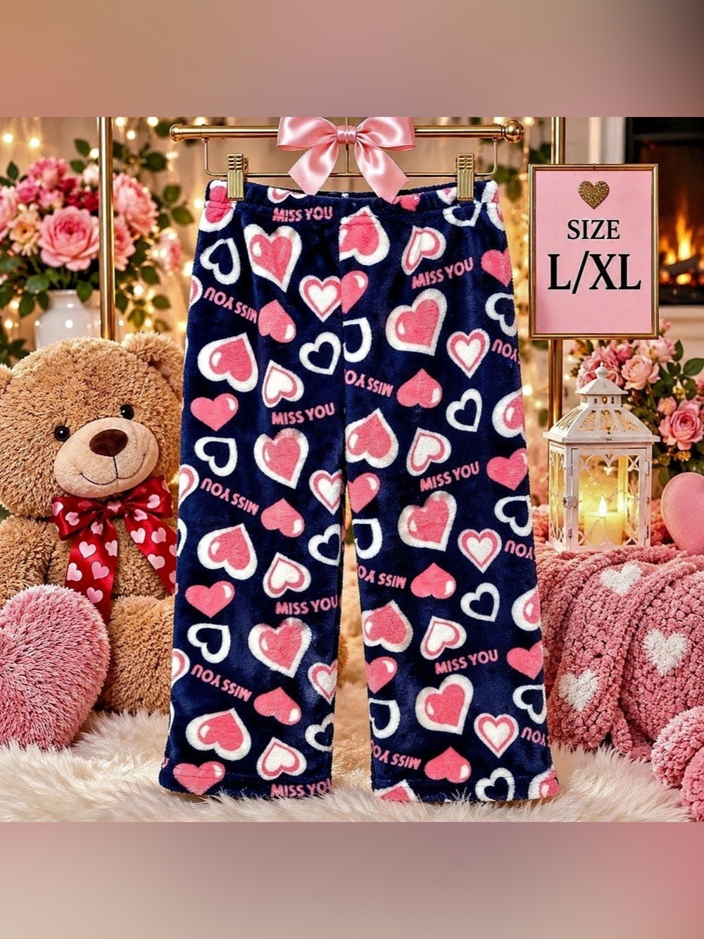 Girls L/XL Plush Pajama Pants Navy Pink Hearts “Miss You” Cozy Lounge NWOT